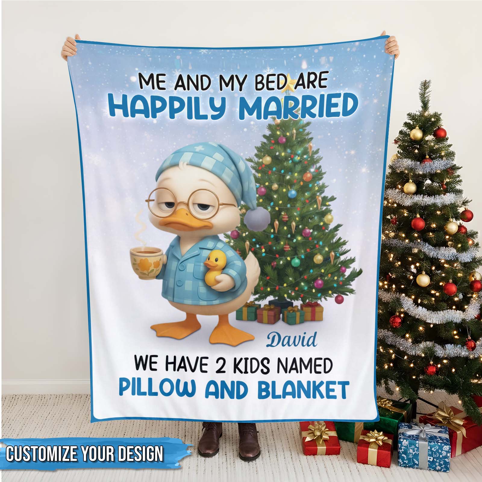 Personalized Christmas blanket featuring a cartoon character and customizable text for festive home decor