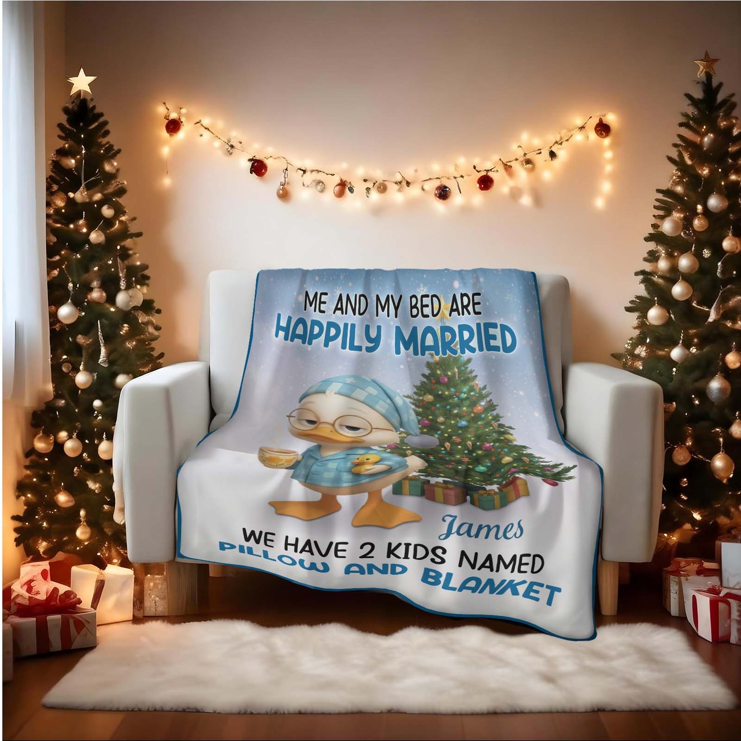 Personalized Christmas blanket featuring a cozy design for happily married couples with playful text