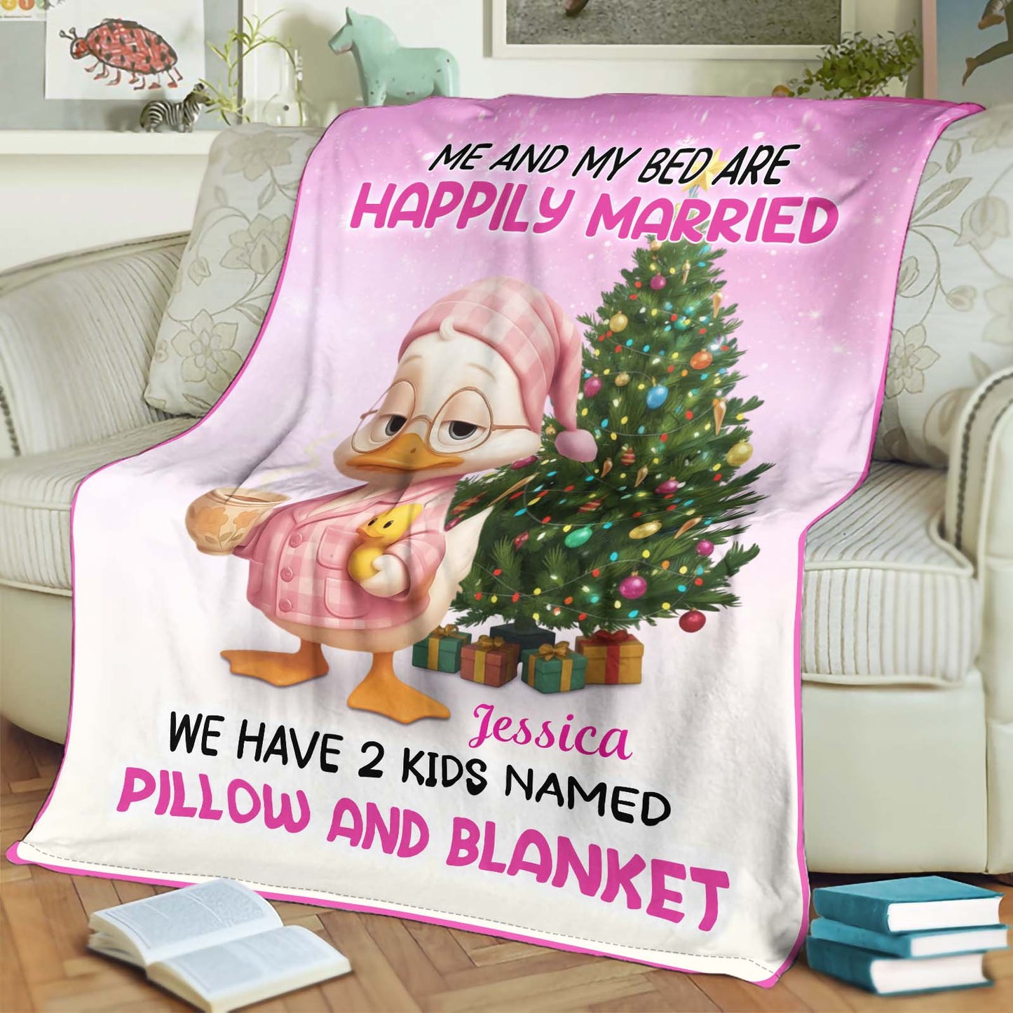Personalized Christmas blanket featuring fun design with a married couple and festive decorations