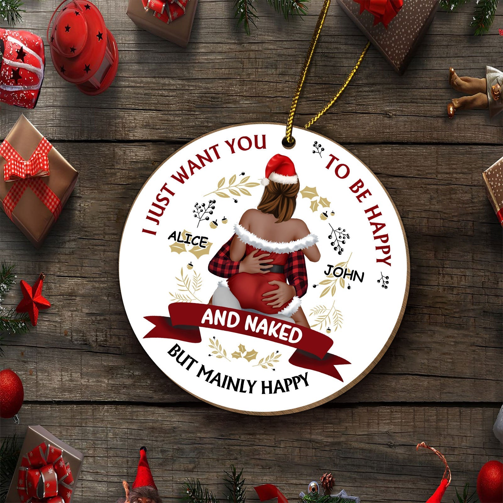 Personalized Christmas couple ornament featuring a festive couple hugging with names Alice and John