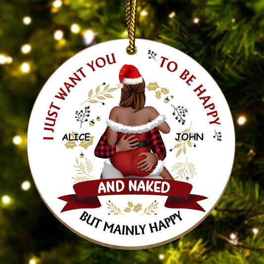 Personalized Christmas couple ornament with festive couple hugging and custom names Alice and John