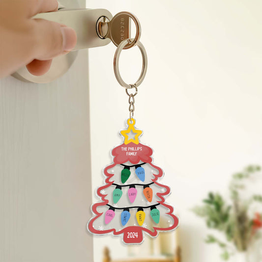365Gifty personalized Christmas keychain shaped like a decorated tree with colorful lights and family names