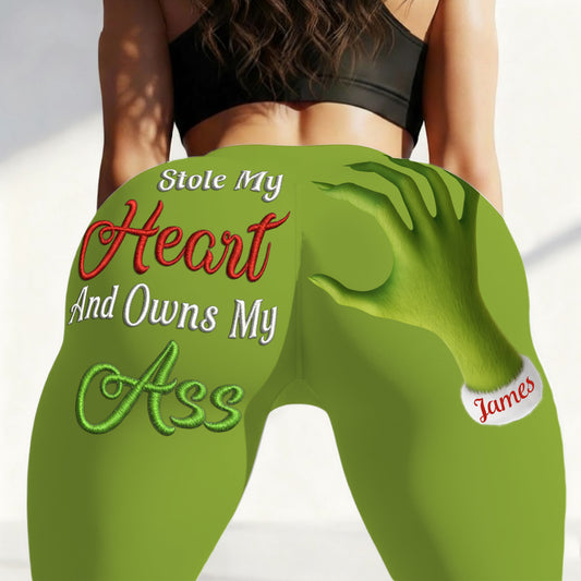 Personalized Christmas leggings featuring a fun Grinch design with a playful message for festive wear