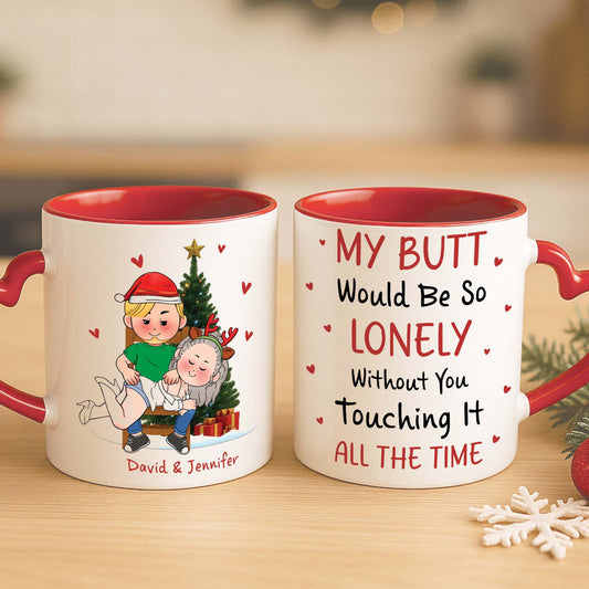 Personalized Christmas mug for couples featuring playful couple design and humorous text
