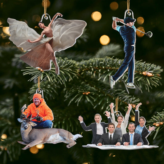 Personalized Christmas ornament set featuring custom cutouts of ballet dancer, golfer, hunter with deer, and happy office team