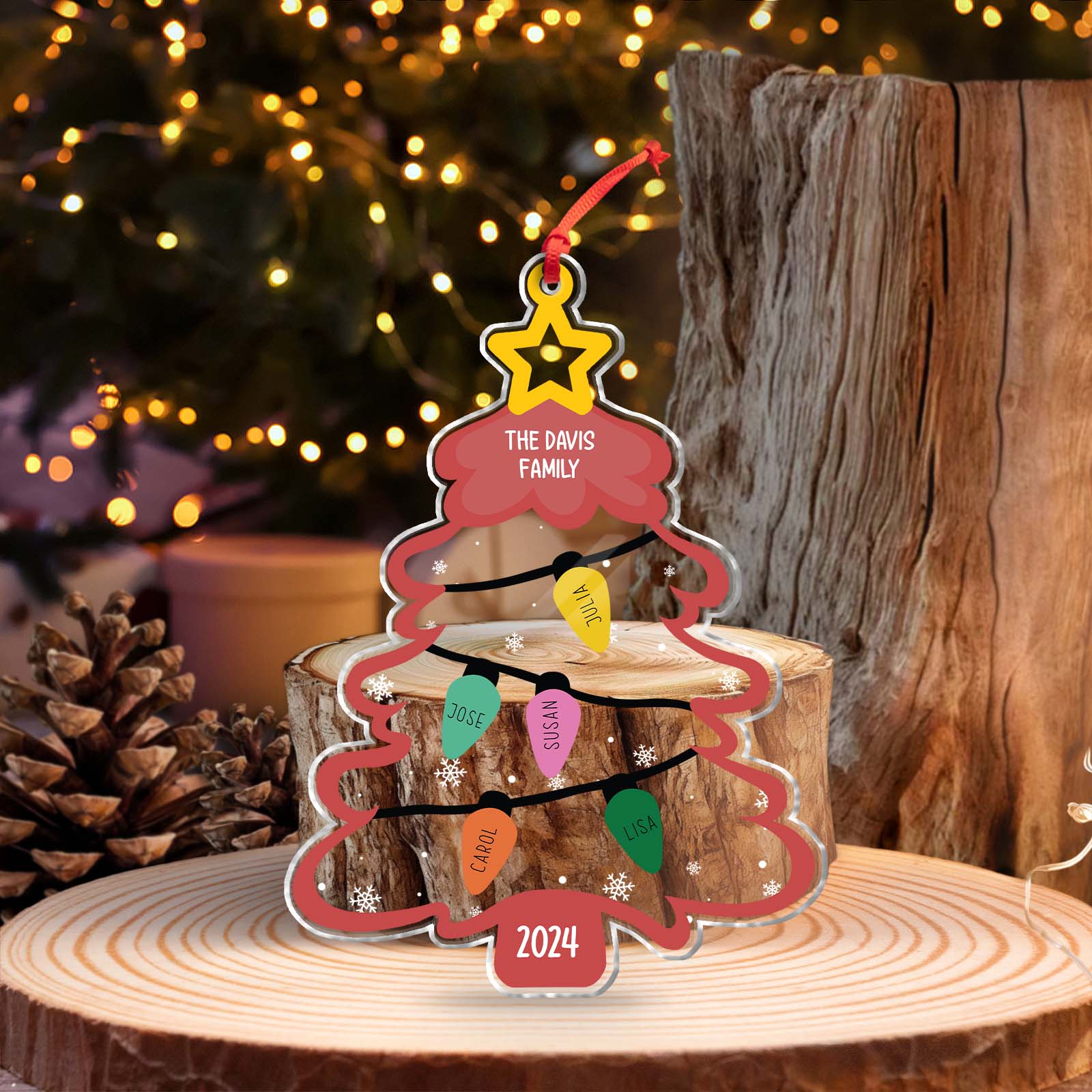 365Gifty personalized Christmas ornament shaped like a Christmas tree with family names and year 2024