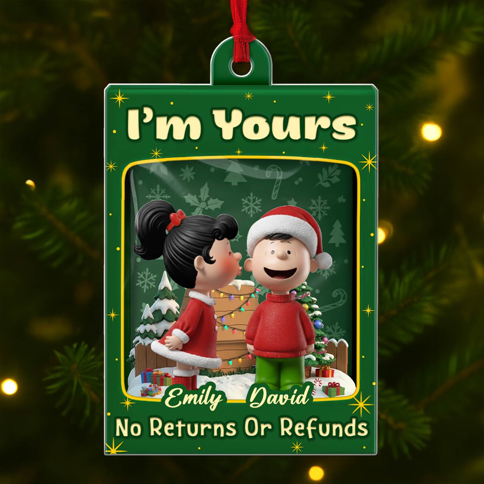 Personalized Christmas ornament for couples featuring holiday-themed design with names Emily and David