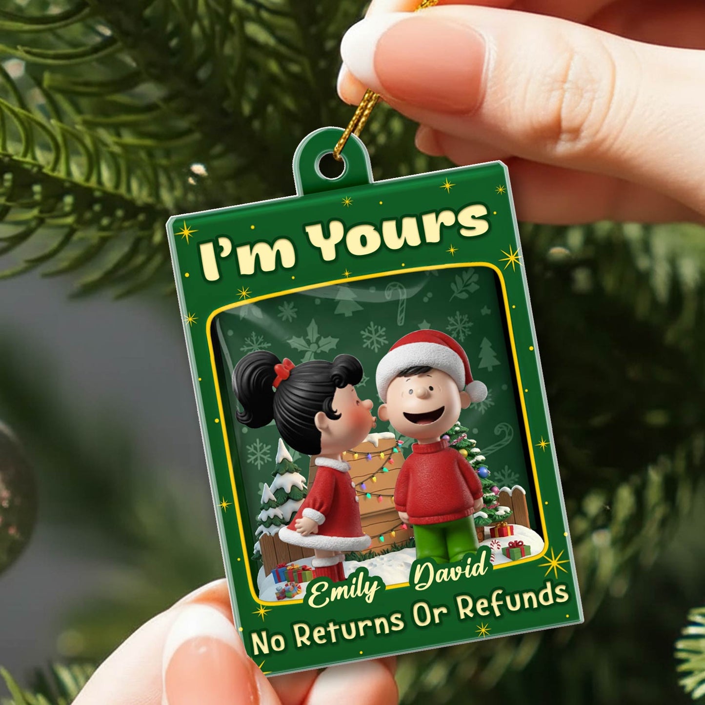Personalized Christmas ornament for couples featuring cartoon characters and custom names Emily and David
