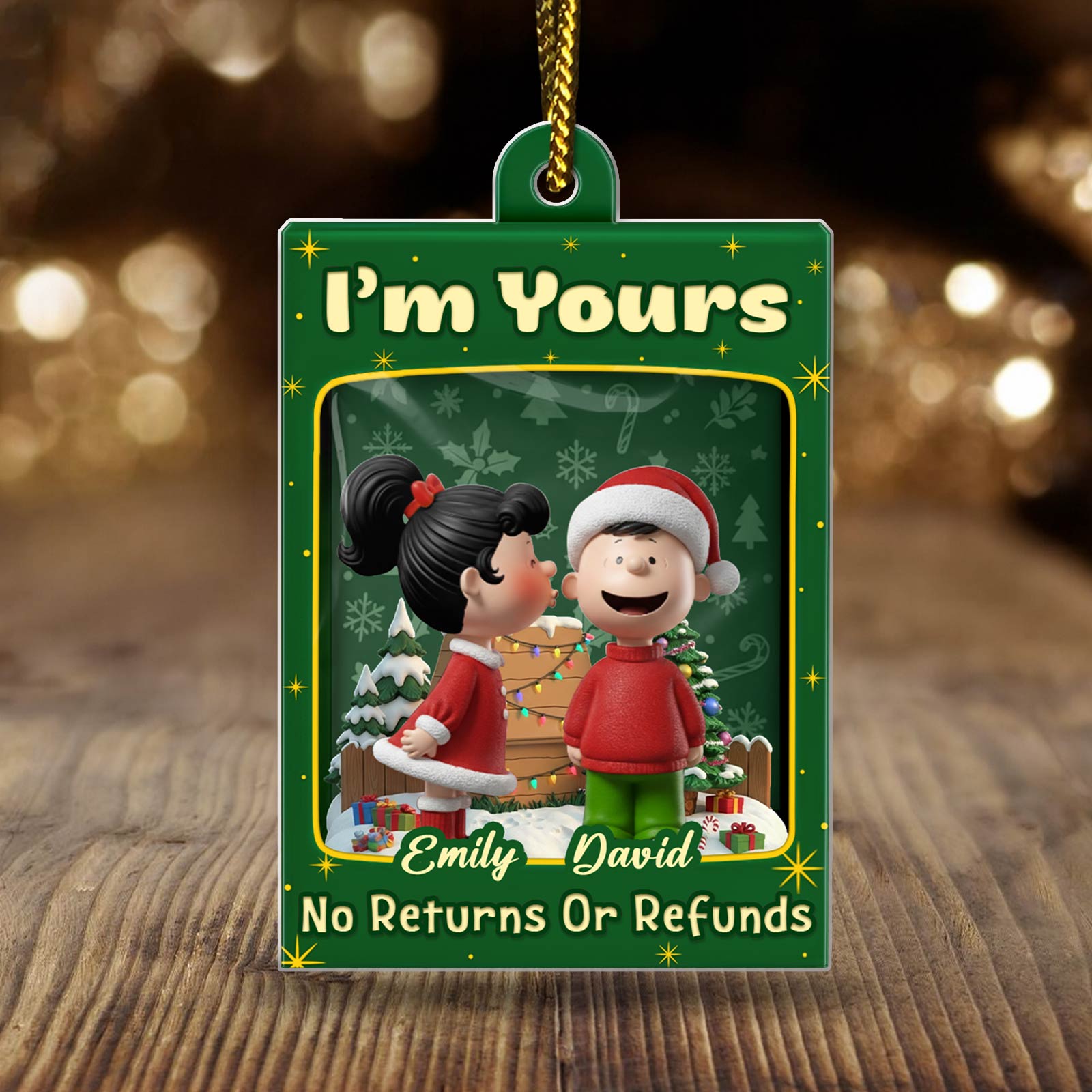 Personalized Christmas ornament for couples featuring a charming illustration of a couple and festive decorations