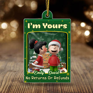 Personalized Christmas ornament for couples featuring a charming illustration of a couple and festive decorations