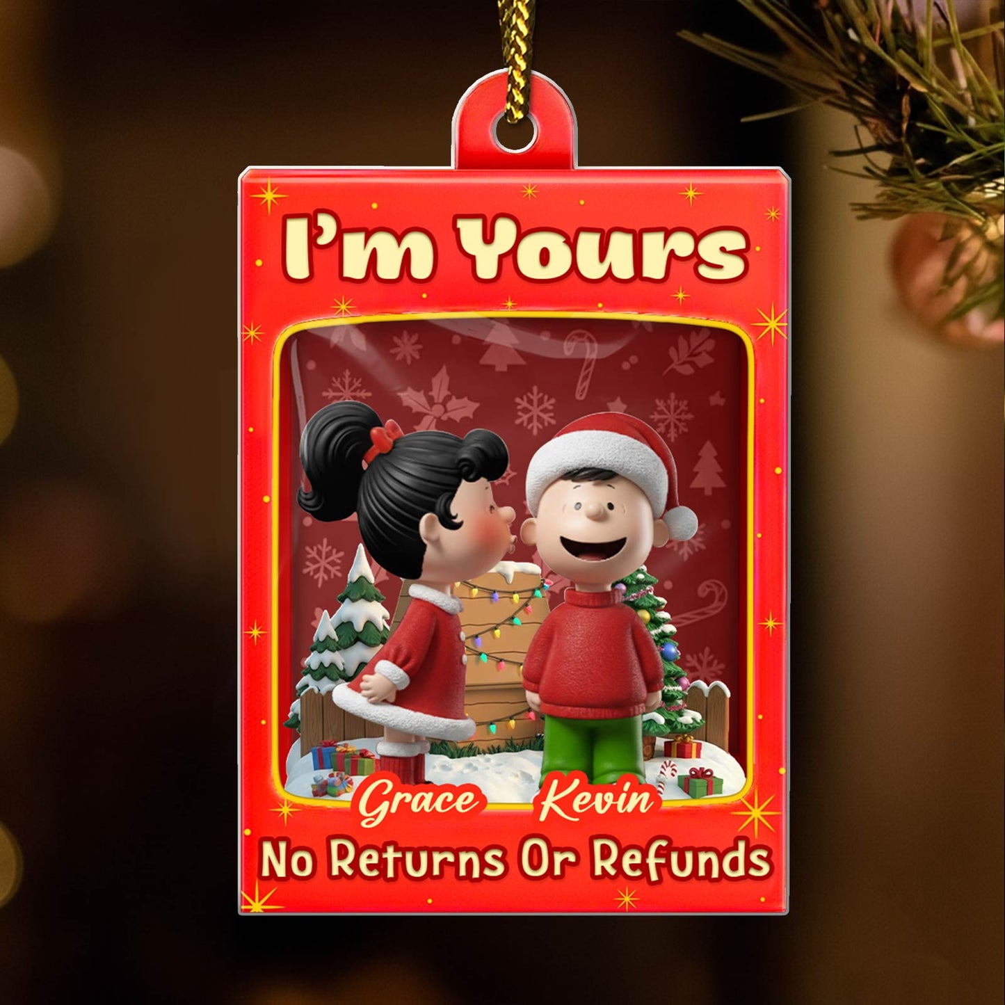 Personalized Christmas ornament for couples featuring cartoon characters Grace and Kevin celebrating together