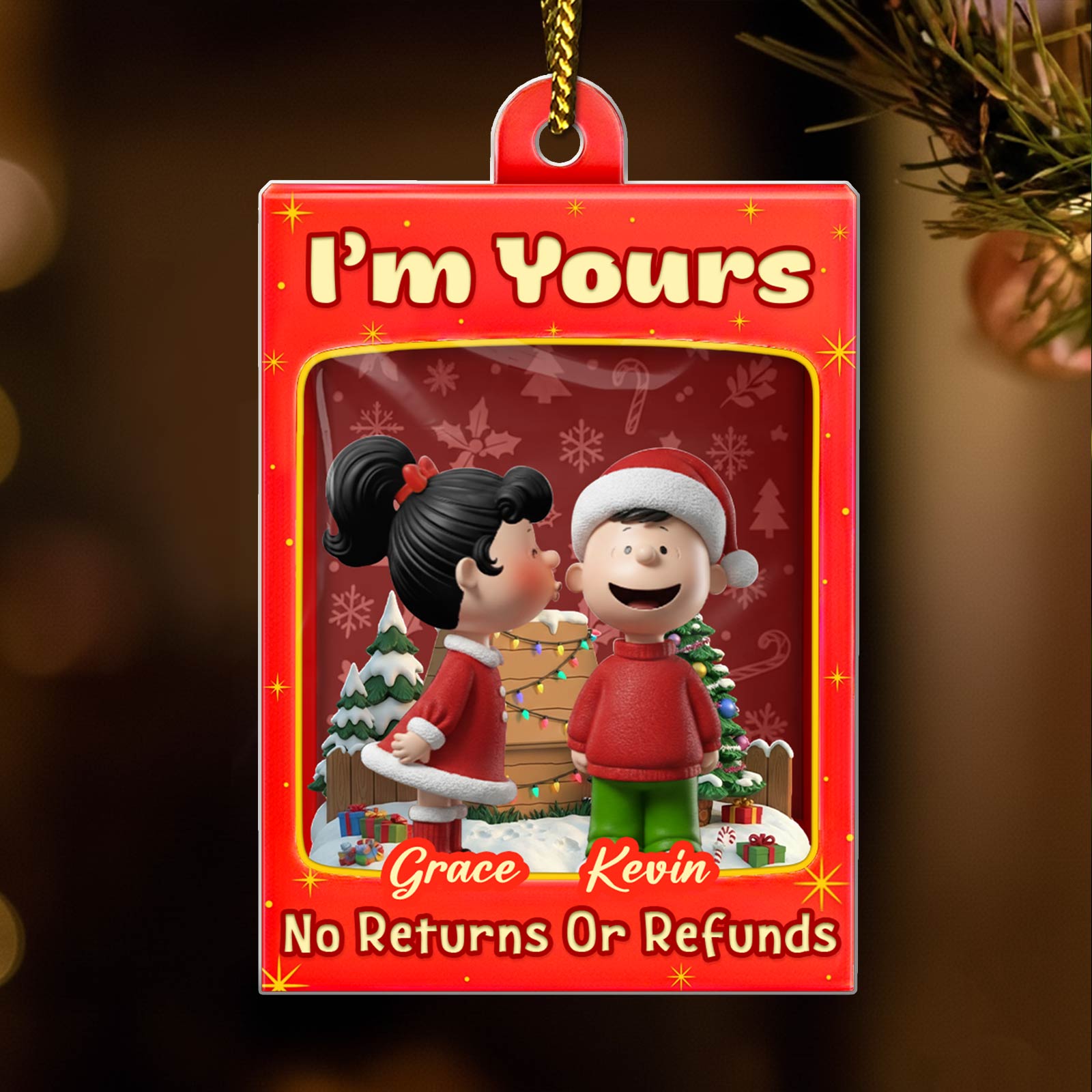 Personalized Christmas ornament for couples featuring cartoon characters Grace and Kevin celebrating together