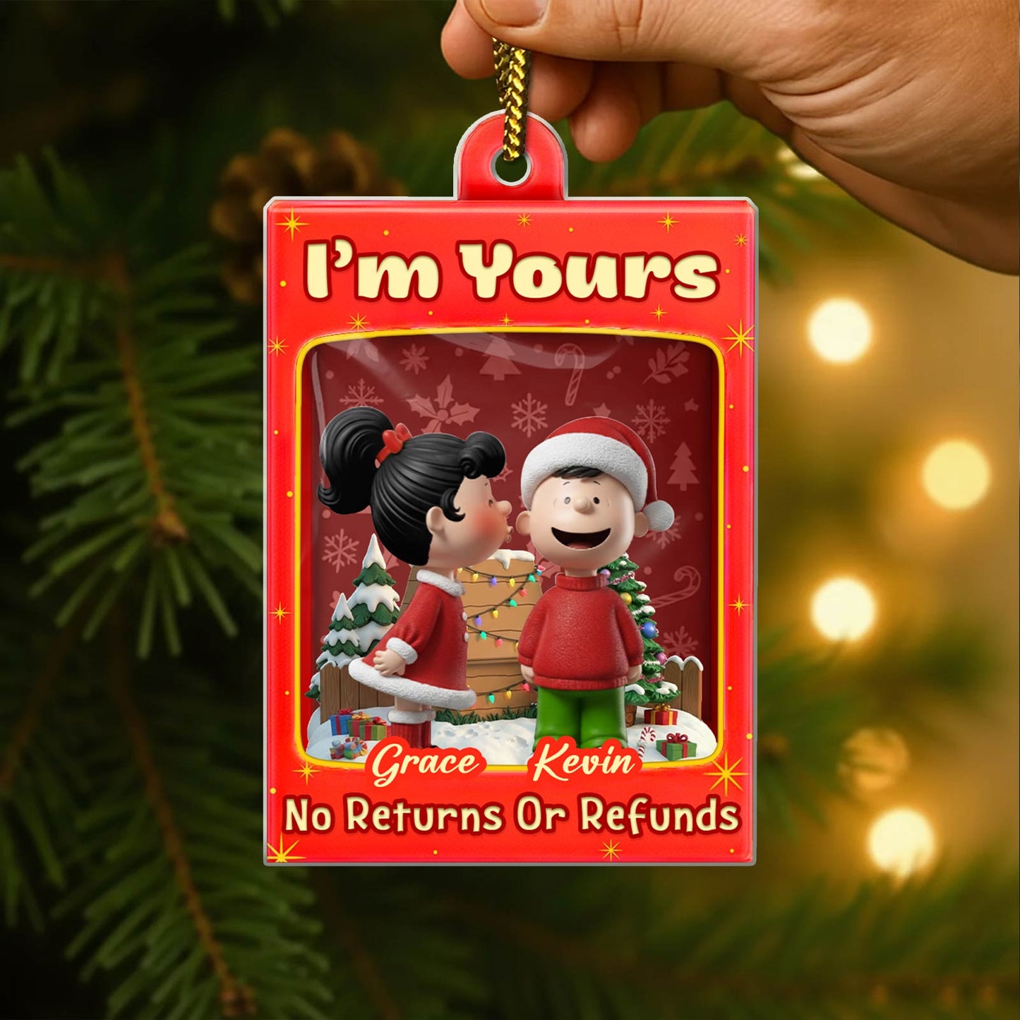Personalized Christmas ornament for couples featuring cartoon characters Grace and Kevin in a festive scene