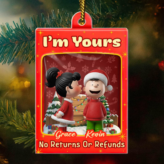 Personalized Christmas ornament for couples featuring cartoon characters with a festive design