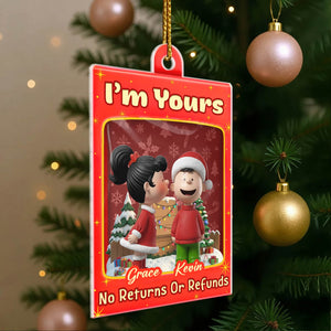 Personalized Christmas ornament for couples featuring a festive design with characters and names Grace and Kevin