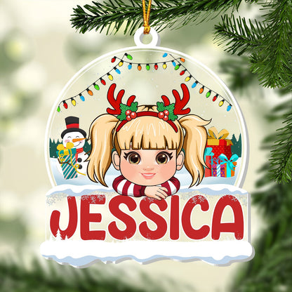 Personalized Christmas ornament for kids with girl wearing reindeer antlers and name Jessica