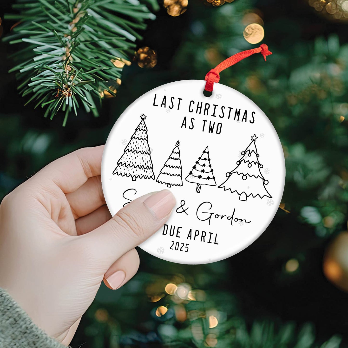 365Gifty personalized Christmas ornament with 'Last Christmas as Two' text and Christmas tree designs