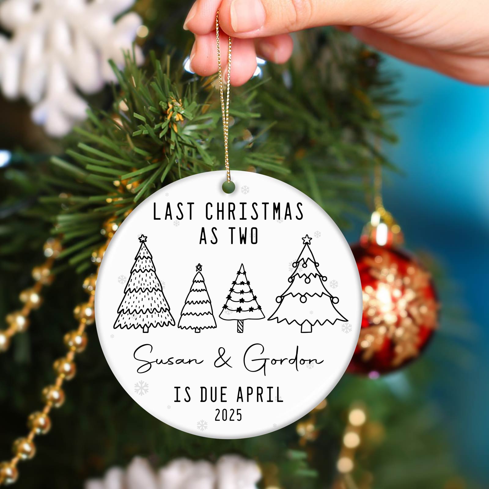365Gifty personalized Christmas ornament with Last Christmas as Two design and custom names hanging on tree