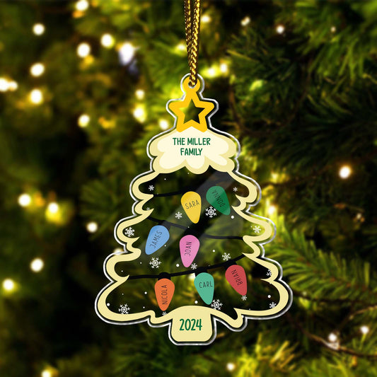 365Gifty personalized Christmas ornament shaped like a Christmas tree with family member names and year 2024