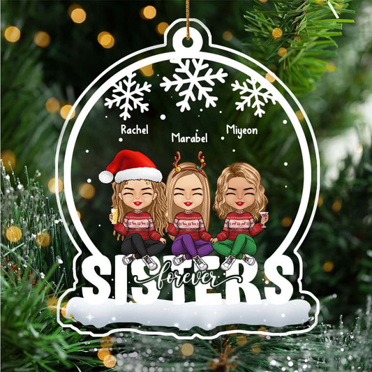 365Gifty personalized Christmas ornament featuring three cartoon sisters with holiday outfits and names Rachel Marabel Miyeon