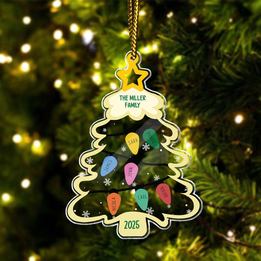 Personalized Christmas ornament featuring a family tree design with names and the year 2025