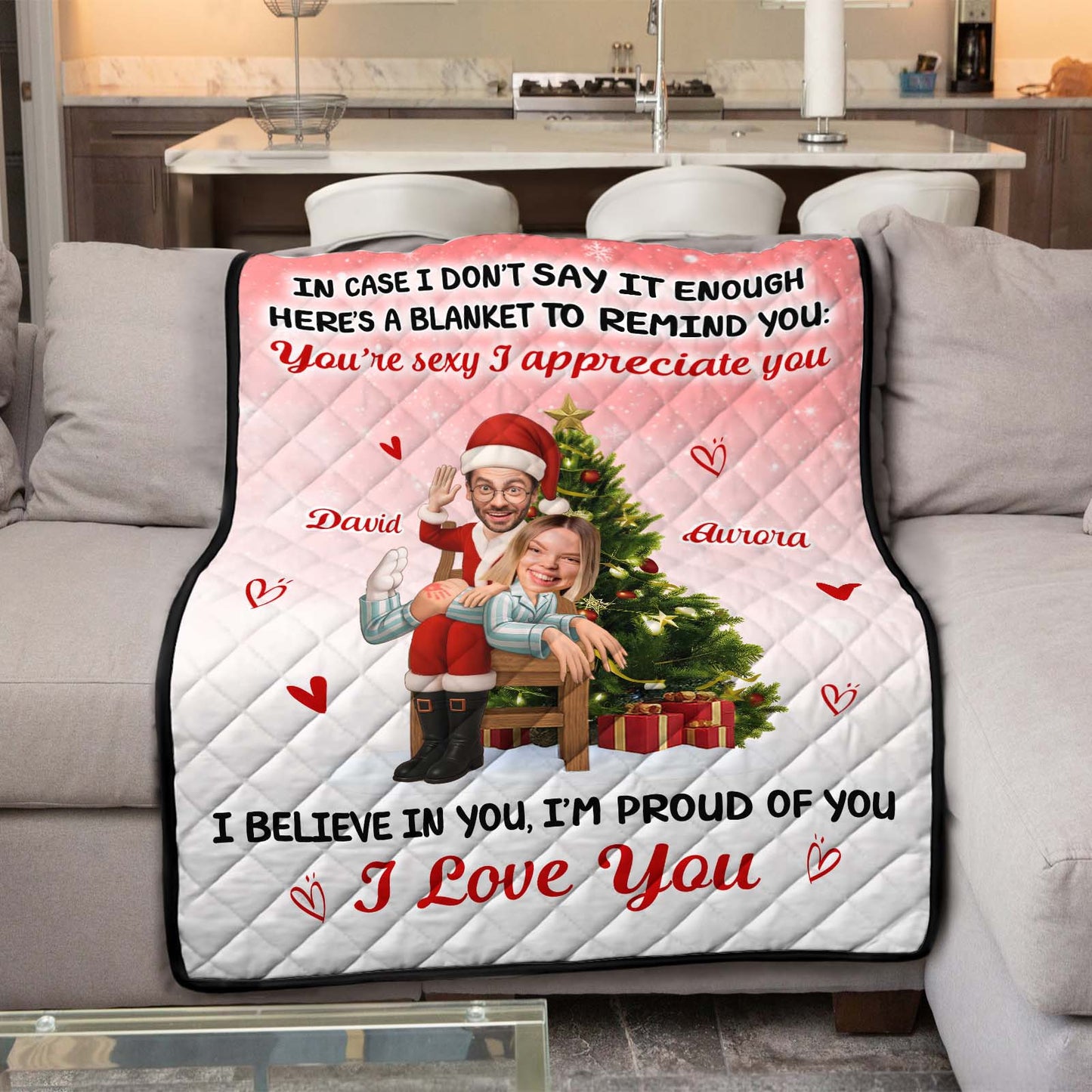 Personalized Christmas quilt blanket for couple featuring sweet messages and festive design