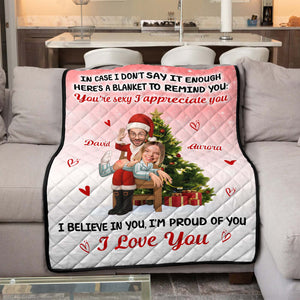 Personalized Christmas quilt blanket for couple featuring sweet messages and festive design