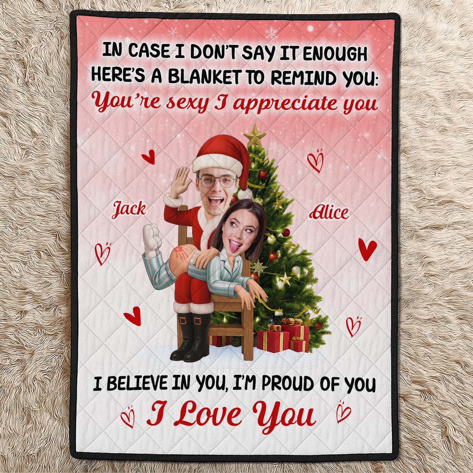 Personalized Christmas quilt blanket for couple featuring playful text and festive design