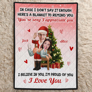 Personalized Christmas quilt blanket for couple featuring playful text and festive design