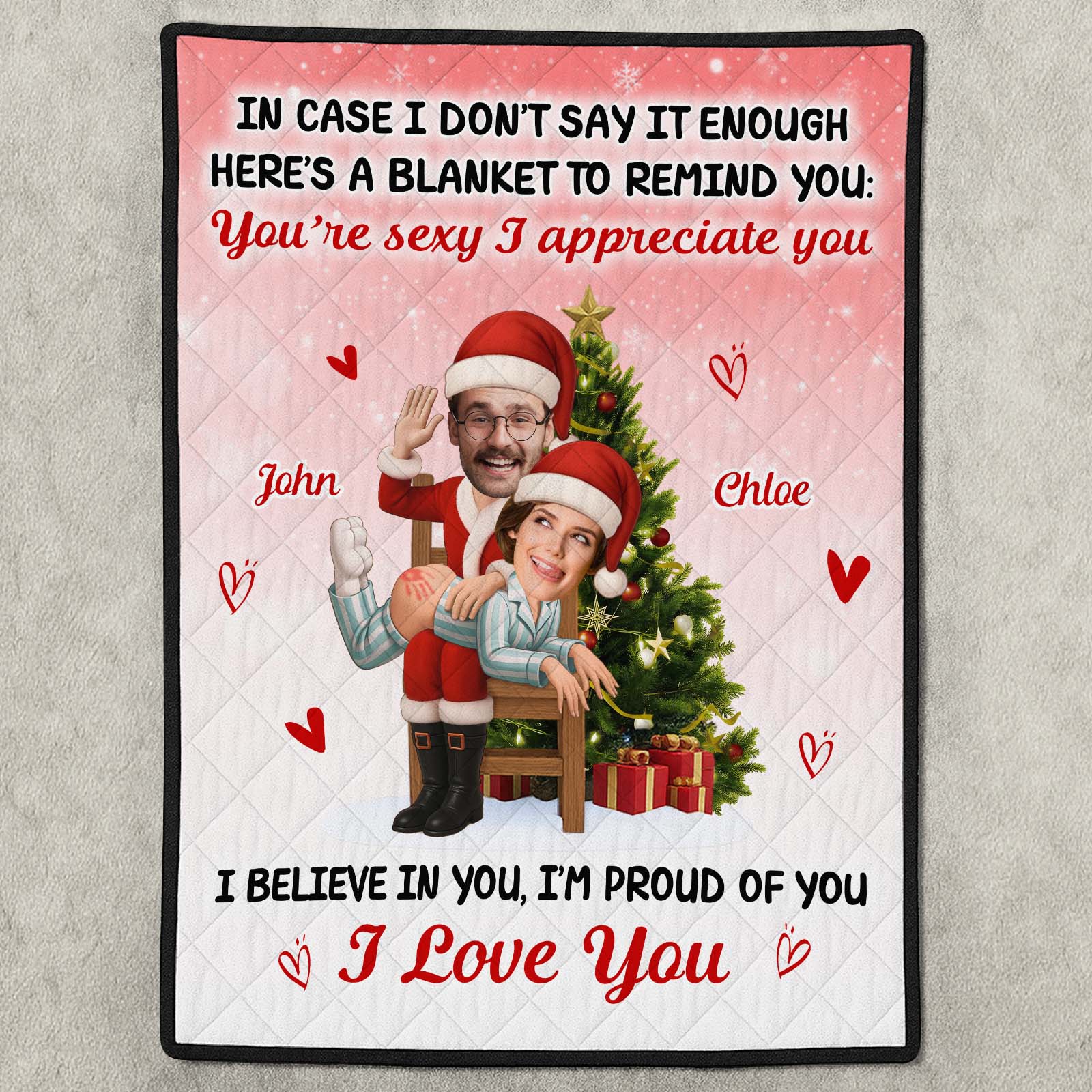 Personalized Christmas quilt blanket for couple featuring playful design and festive message