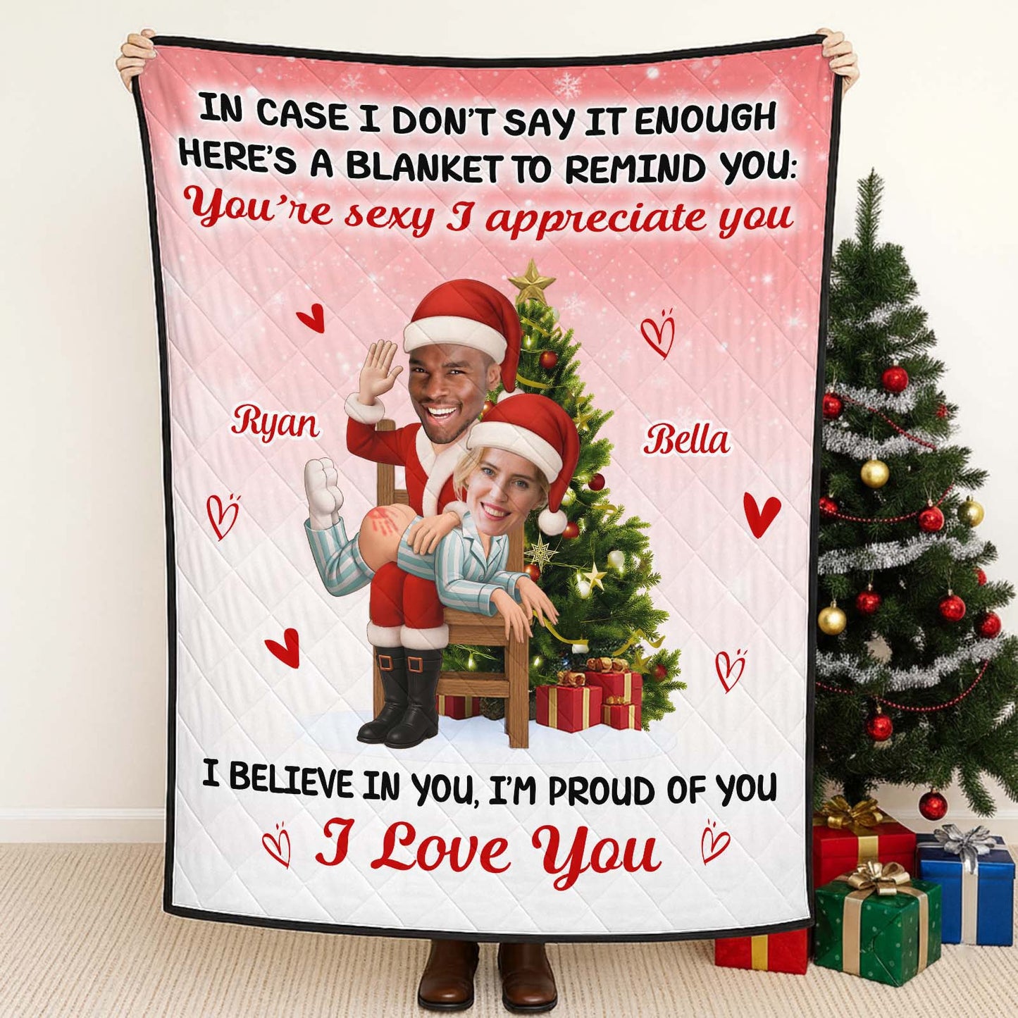 Personalized Christmas quilt blanket for couple featuring cheerful design and heartfelt messages