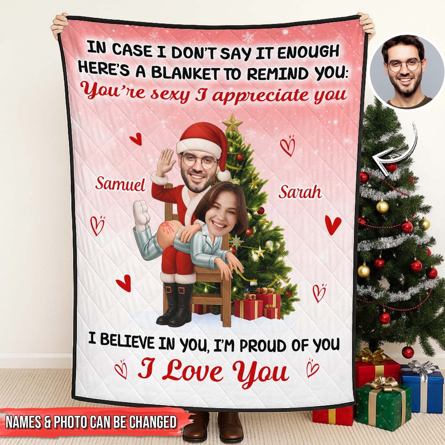 Personalized Christmas quilt blanket for couple with custom names and festive design