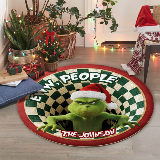 Personalized Christmas round mat featuring the Grinch with the text Envy People for holiday décor