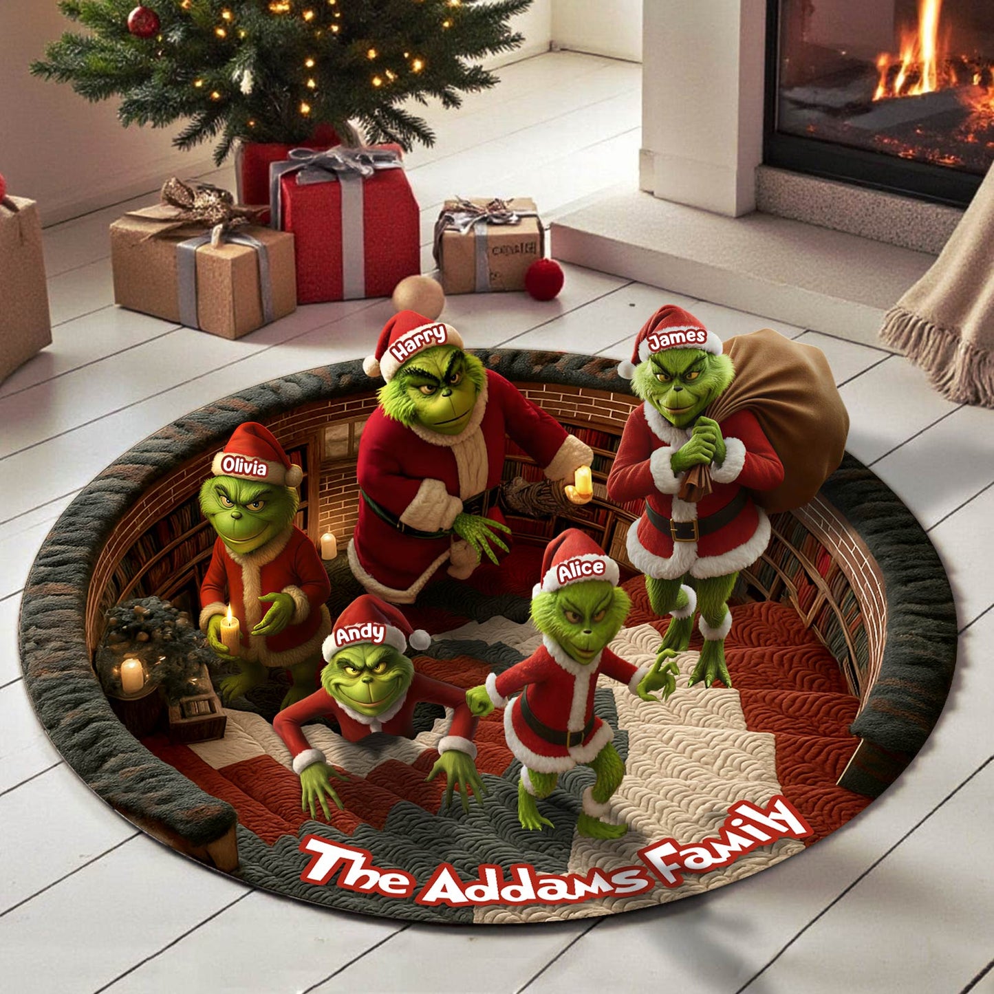 Personalized Christmas round mat featuring the Addams Family with festive green characters for holiday decor