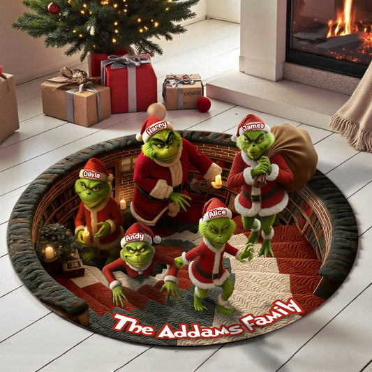 Personalized Christmas round mat featuring the Addams Family with festive green characters for holiday decor