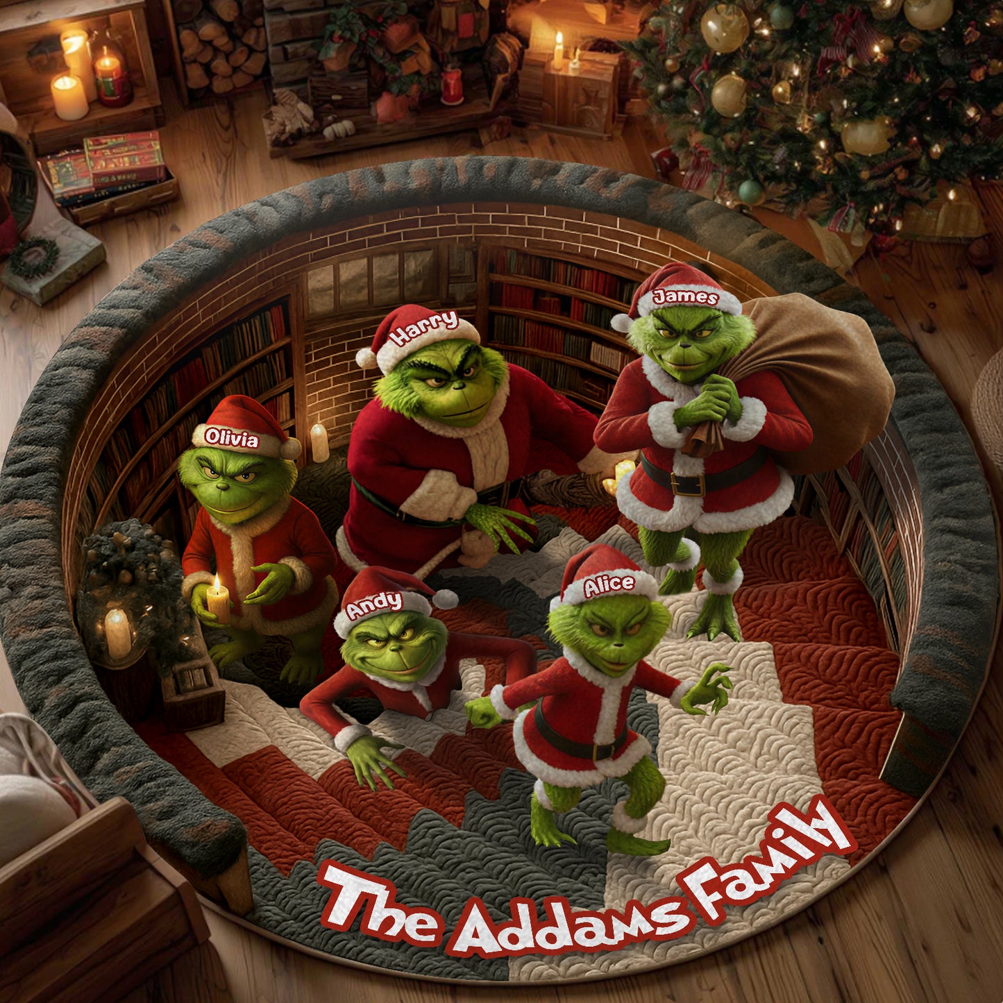 Personalized Christmas round mat featuring colorful Grinch characters and festive decorations