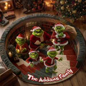 Personalized Christmas round mat featuring colorful Grinch characters and festive decorations