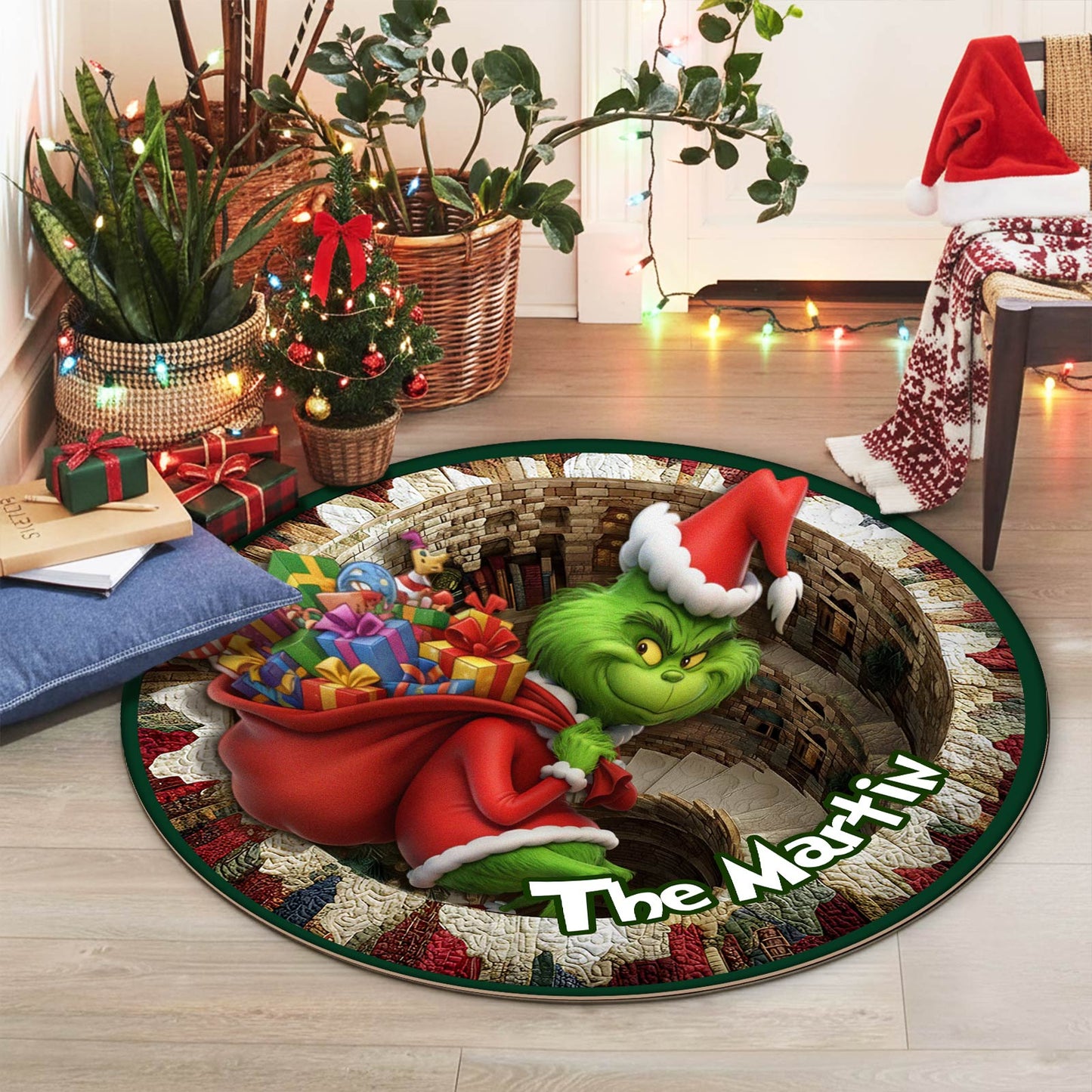 Personalized Christmas round mat featuring the Grinch with gifts in a festive design