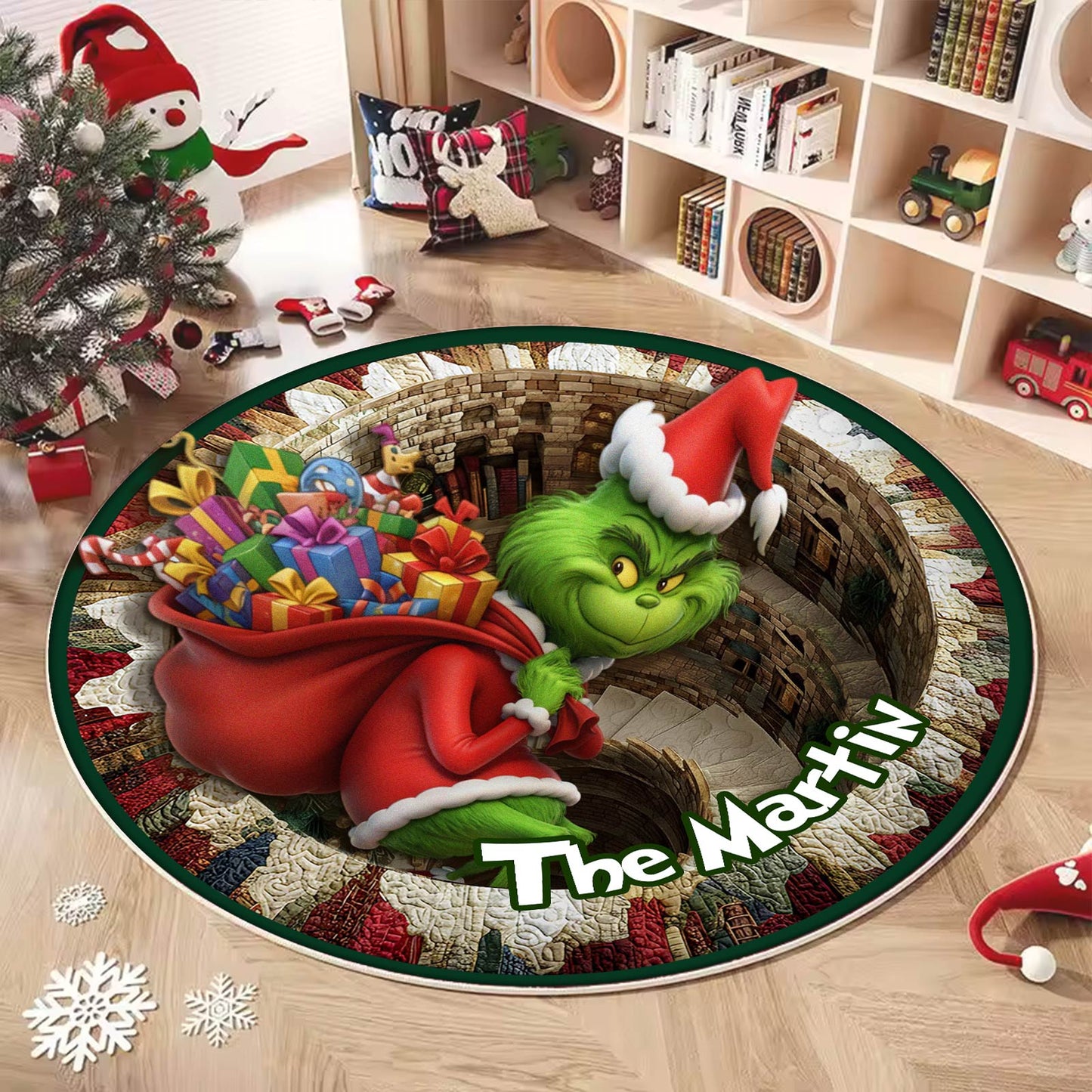 Personalized Christmas round mat featuring a fun Grinch design with festive gifts and a cozy holiday theme