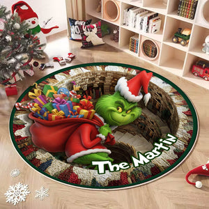 Personalized Christmas round mat featuring a fun Grinch design with festive gifts and a cozy holiday theme