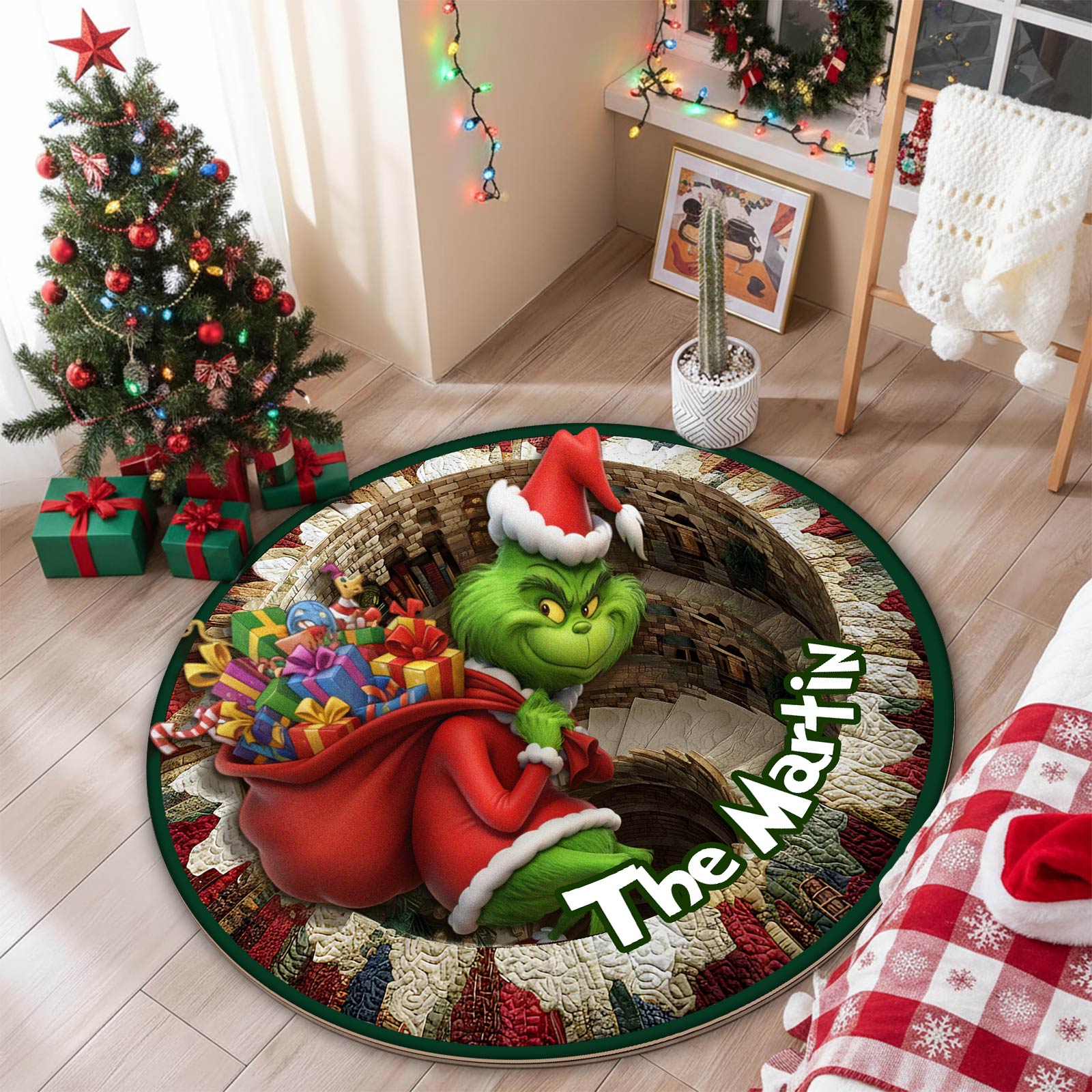 Personalized Christmas round mat featuring a festive Grinch design with colorful gifts