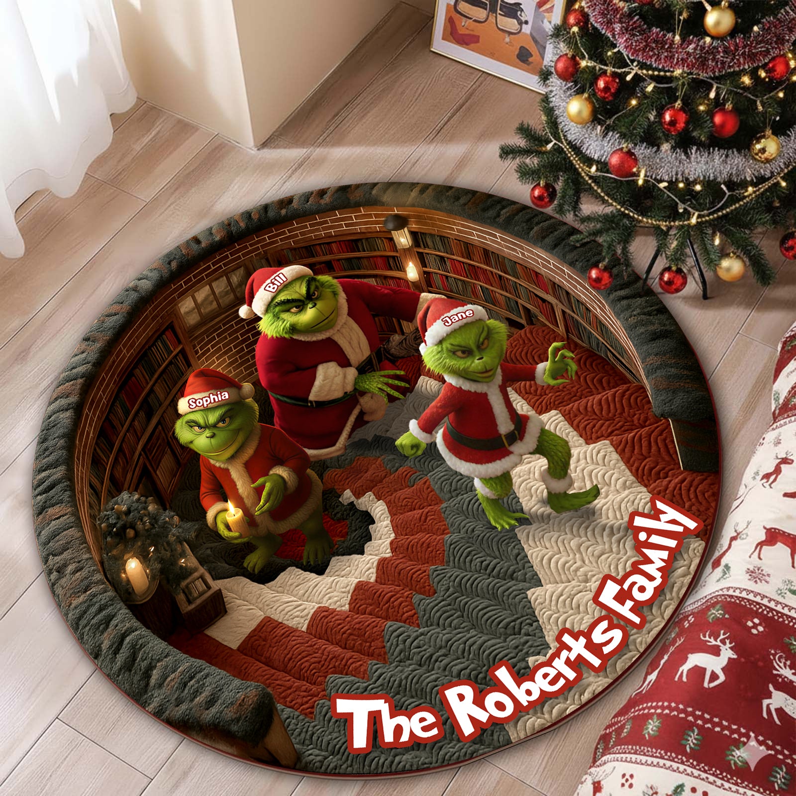 Personalized Christmas round mat featuring Grinch characters and family name for festive holiday decor