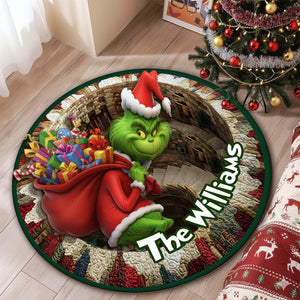 Personalized Christmas round mat featuring the Grinch and festive gifts, perfect for holiday decor