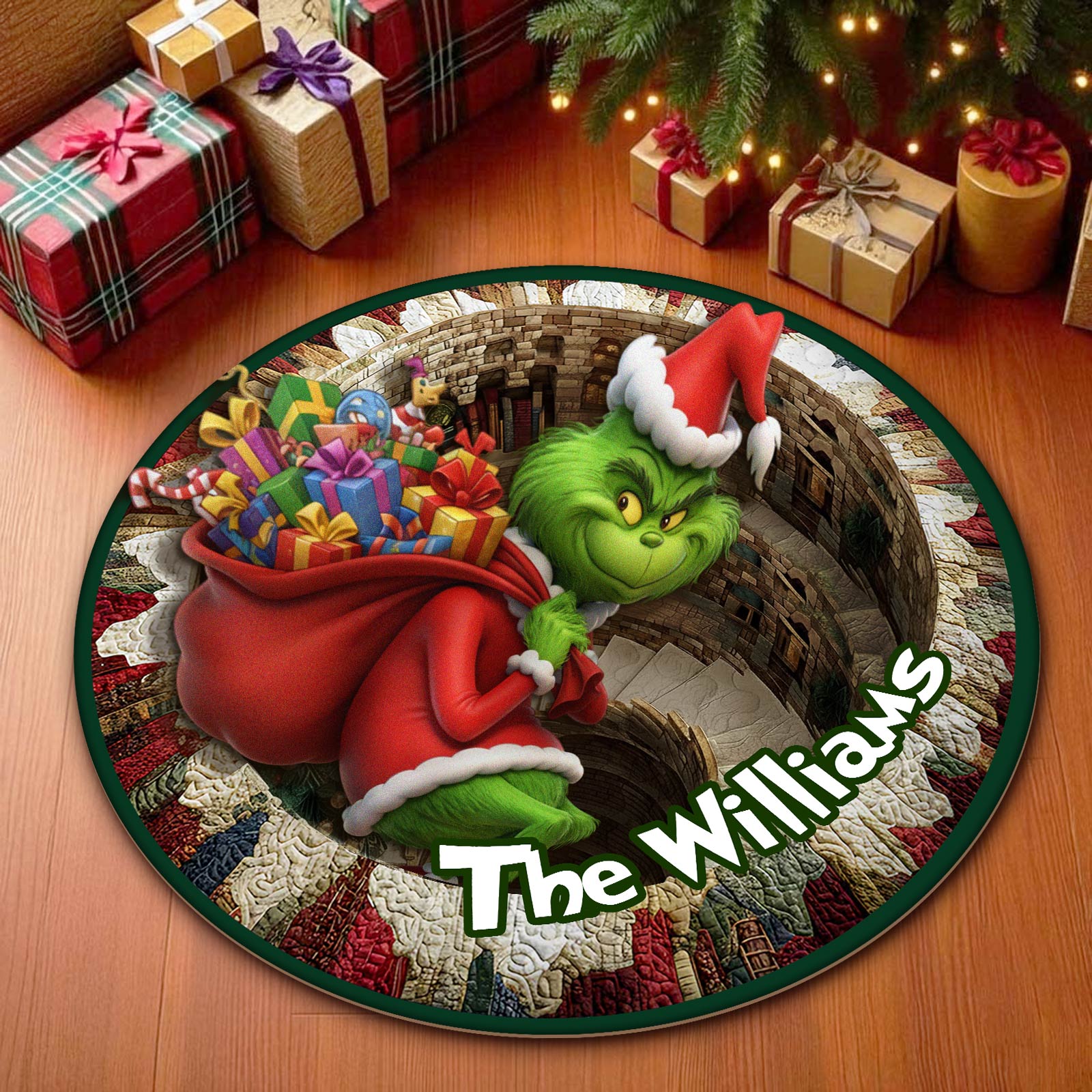 Personalized Christmas round mat featuring the Grinch holding gifts and customizable with family name