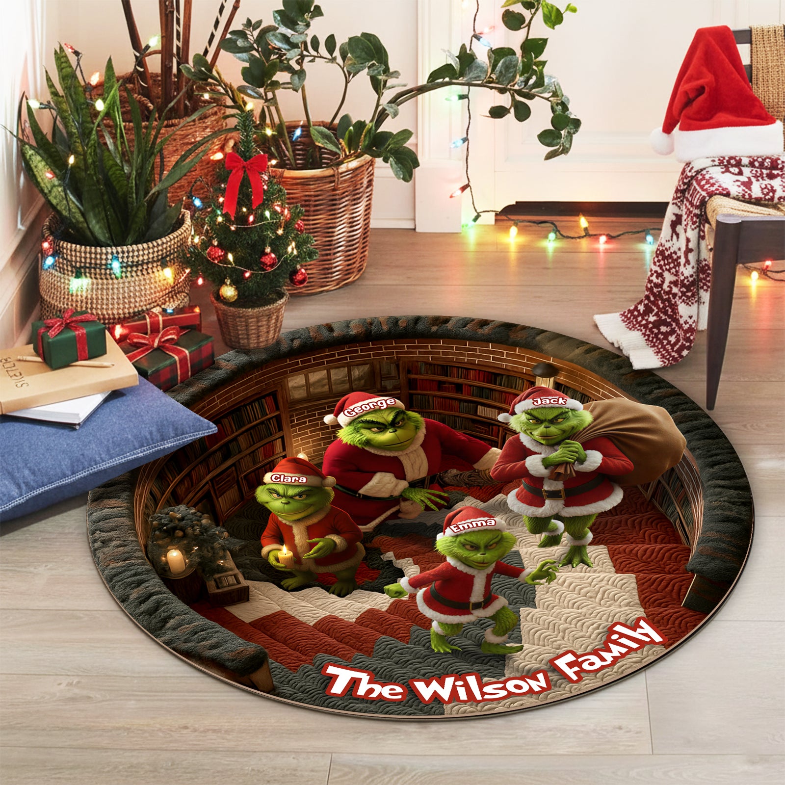 Personalized Christmas round mat featuring the Grinch with the Wilson Family name for festive decor