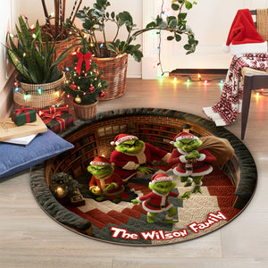 Personalized Christmas round mat featuring the Grinch with the Wilson Family name for festive decor