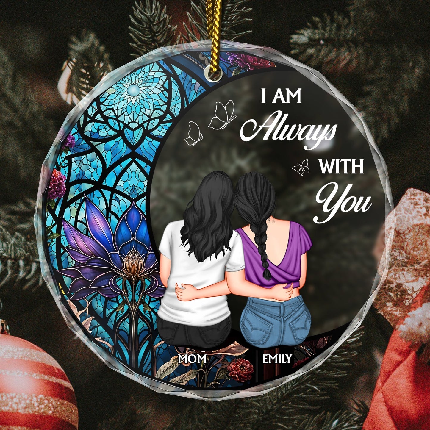 Personalized circle glass ornament featuring two women with floral design, heartfelt message for gifts
