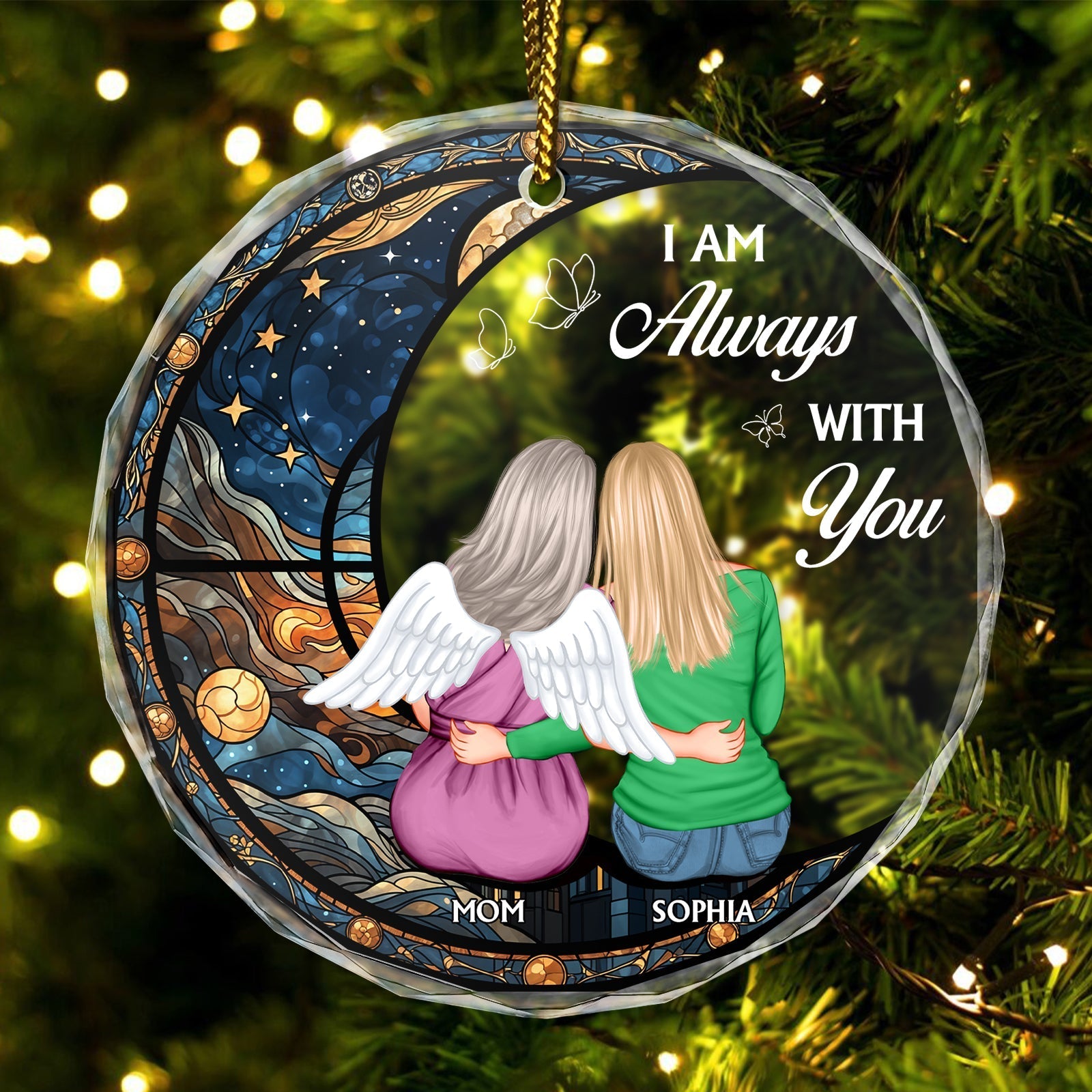 Personalized circle glass ornament featuring two women with angel wings and a night sky design