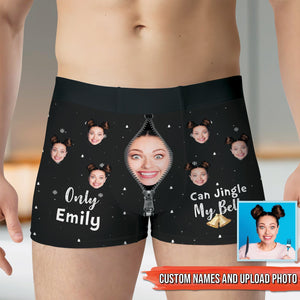 Personalized couple boxer featuring custom names and unique photo design for a fun gift