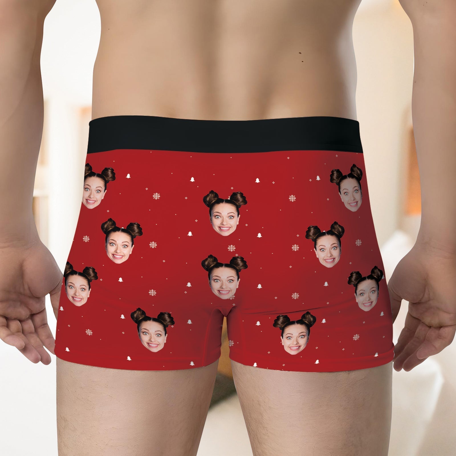 Red personalized couple boxer featuring playful face pattern for unique gifting options